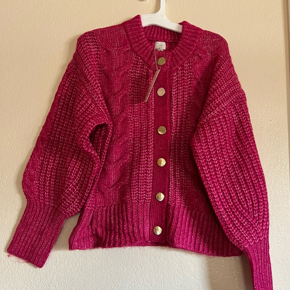 A New Day Long Sleeve Cable Knit Button Up Cardigan Sweater Womens size M Pink